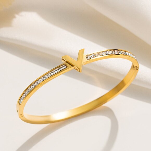 Jewelry - 18K Gold Plated Stainless Steel Luxury V Zircon Bangle